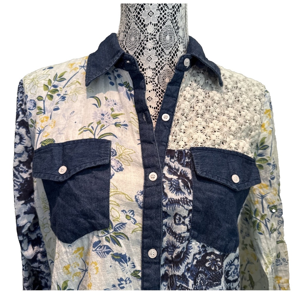 Vintage Gora‎ Button Up Blue Floral Peasant Top Lightweight Coastal Beach S - Picture 9 of 16